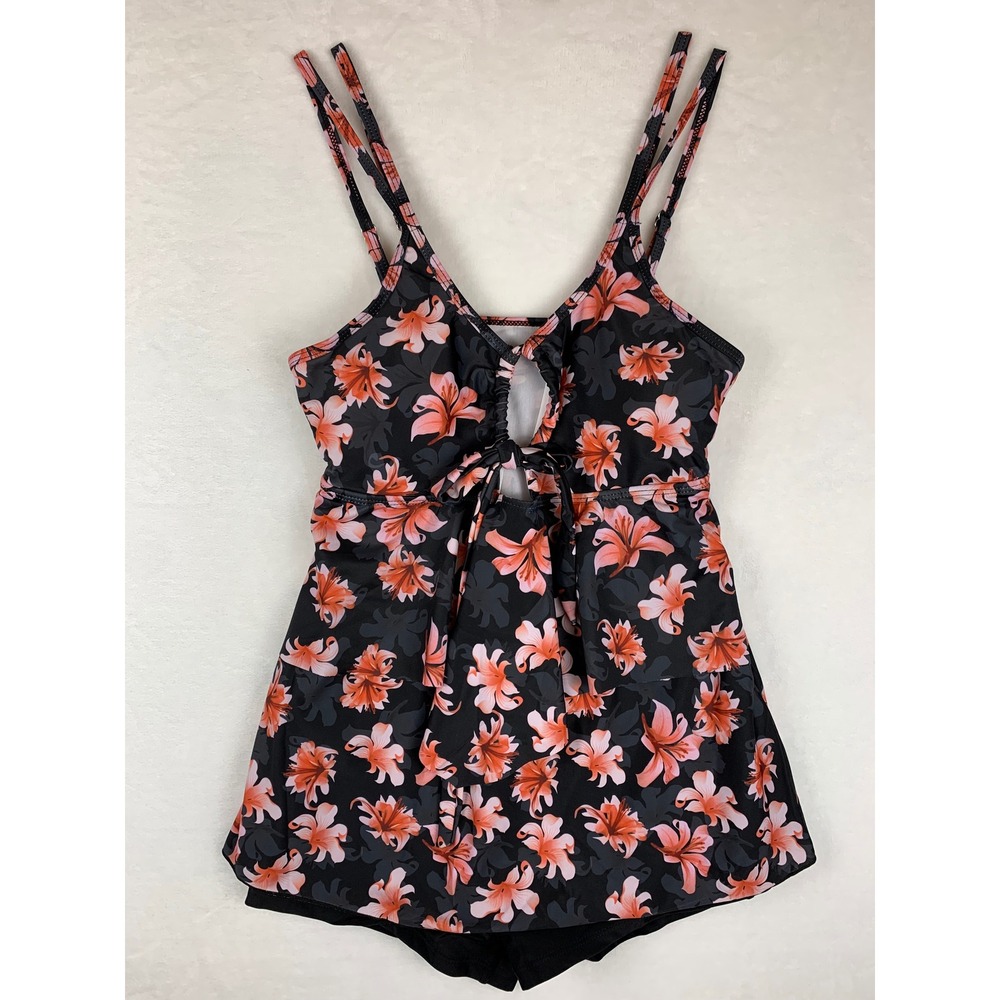 Floral Tankini Swimsuit Set Black Pink Flowy Top Boyshorts Women Size Medium